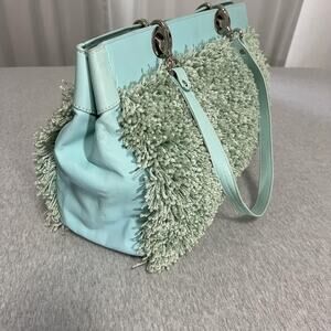 Vintage Jerry Terrence Shag Carpet Bag Tote Womens Green Aqua Leather Boho Art